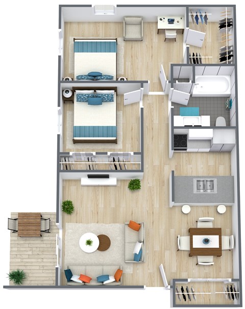 Floor plan for 2 beds, 1 bath, 960 sqft